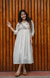 Off White Cotton Kurti/ Dress With Floral Embroidery And Crochet Lace Detailings