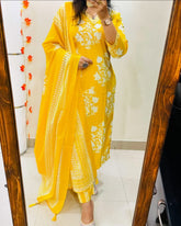 Radiant Yellow Ethnic Ensemble With White Floral Embroidery