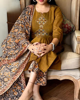 Mustard Brown Embroidered Kurta Set With Floral Dupatta