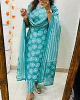 Turquoise Cotton Suit Set With Floral Prints