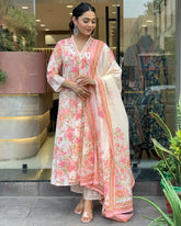 Classy Summer Collection Pure Cotton Mughal Butta Print Anarkali Kurti Paired With Cotton Pants