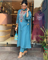 Kurta Teal Blue Embroidered Kurta Set
