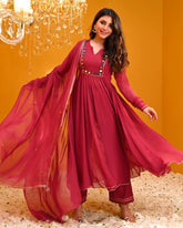 Festive Maroon Mirror Work Anarkali Suit Set