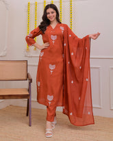 Rust Brown Minimalist Embroidered Suit Set
