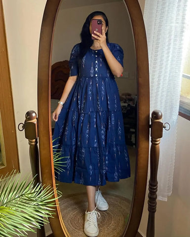 Kurta Blue Ikat Cotton Flair Middy Gown For Women