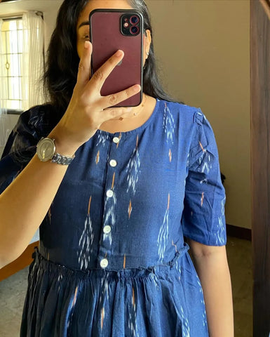 Kurta Blue Ikat Cotton Flair Middy Gown For Women