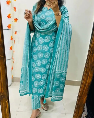Kurta Aqua Blue Floral Cotton Suit Set With Printed Dupatta