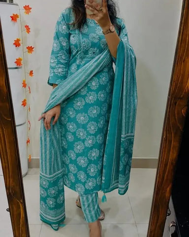 Kurta Aqua Blue Floral Cotton Suit Set With Printed Dupatta