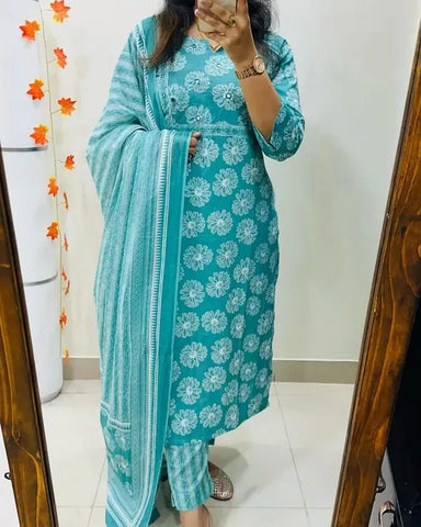 Kurta Aqua Blue Floral Cotton Suit Set With Printed Dupatta