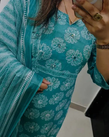 Kurta Aqua Blue Floral Cotton Suit Set With Printed Dupatta
