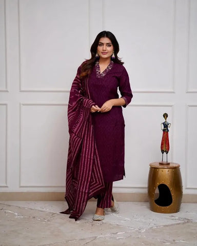 Wine Cotton Kurta With Pant & Dupatta Set For Women