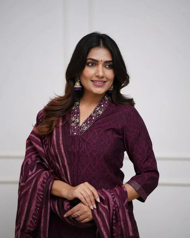 Wine Cotton Kurta With Pant & Dupatta Set For Women