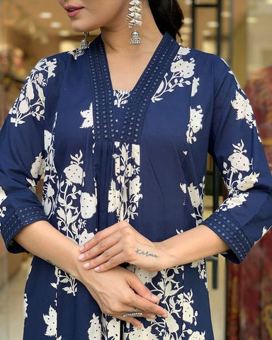 Women Cotton Blue Kurta Pant And Dupatta Set