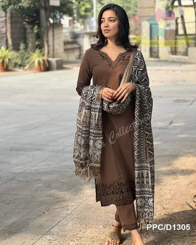 Coffee Brown Embroidered Cotton Kurti With Pant And Khaddar Silk Digital Print Dupatta