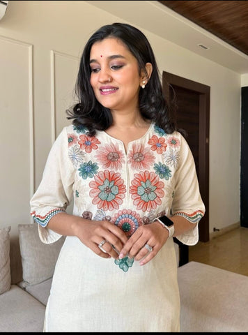 Off White Embroidered Cotton Flex Kurta And Pant Set