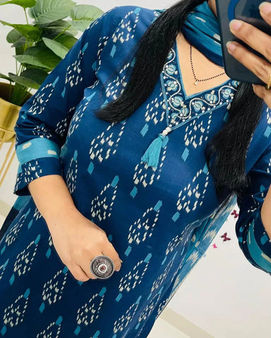 Libas Ikkat Print With Kurti Pant & Dupatta Set For Women( Blue )