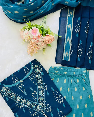 Libas Ikkat Print With Kurti Pant & Dupatta Set For Women( Blue )