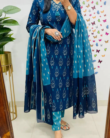 Libas Ikkat Print With Kurti Pant & Dupatta Set For Women( Blue )