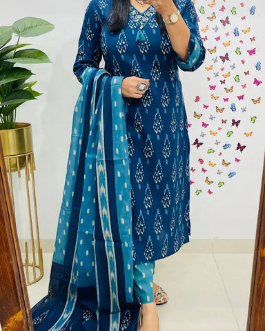 Libas Ikkat Print With Kurti Pant & Dupatta Set For Women( Blue )