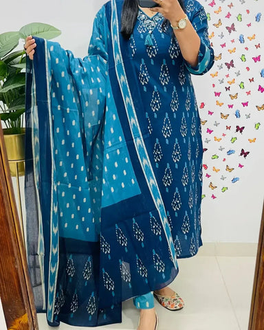 Libas Ikkat Print With Kurti Pant & Dupatta Set For Women( Blue )