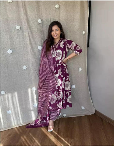 Printed Cotton Anarkali Kurti With Plazo And Mulmul Dupatta