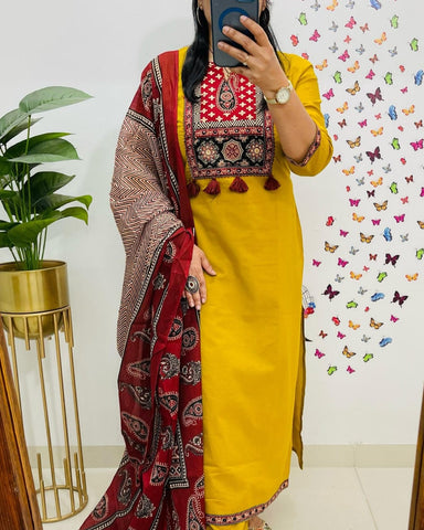 Traditional Mustard Yellow Kurta Set With Ajrak Dupatta