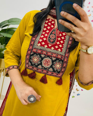 Traditional Mustard Yellow Kurta Set With Ajrak Dupatta