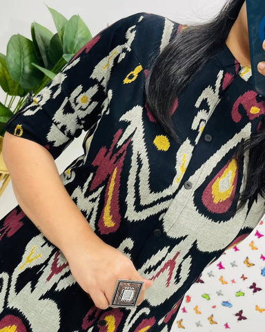 Contemporary Ikat-Printed Black Cotton Kurta Set