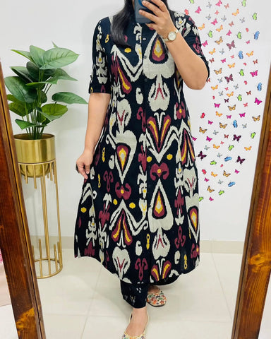 Contemporary Ikat-Printed Black Cotton Kurta Set