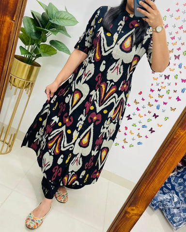 Contemporary Ikat-Printed Black Cotton Kurta Set