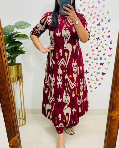 Elegant Maroon Ikat Print Kurta Set