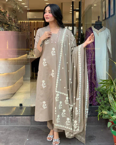 Elegant Taupe Floral Embroidered Cotton Suit Set
