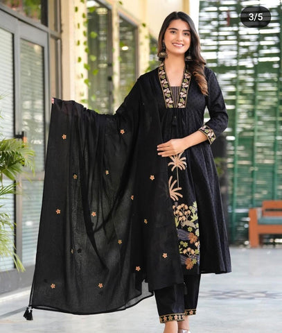 Women Black Nri Embroidery Cotton Kurta Pant And Dupatta Set