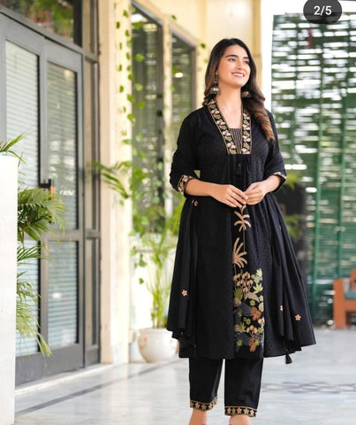 Women Black Nri Embroidery Cotton Kurta Pant And Dupatta Set