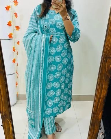 Turquoise Cotton Suit Set With Floral Prints