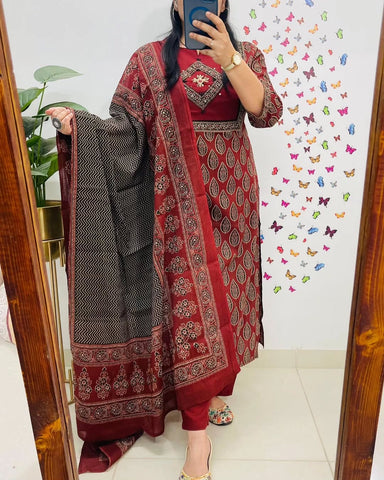 Elegant Maroon Block Print Cotton Suit Set