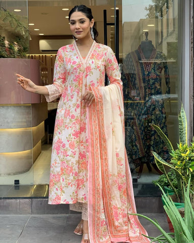 Classy Summer Collection Pure Cotton Mughal Butta Print Anarkali Kurti Paired With Cotton Pants