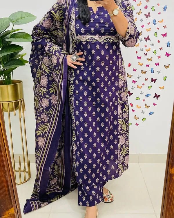 Kurta Cotton Kurti With Handcrafted Adda Anchor Patra Work On Yoke Paired With Cotton Pant And Fine Malmal Cotton Dupatta Less