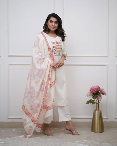 Kurta White Embroidered Aline Kurta Bottom Set With Dupatta