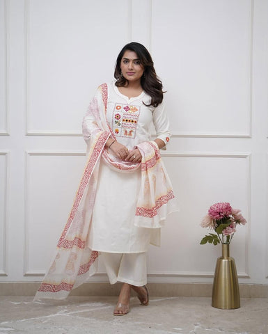 Kurta White Embroidered Aline Kurta Bottom Set With Dupatta