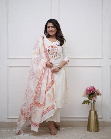 Kurta White Embroidered Aline Kurta Bottom Set With Dupatta