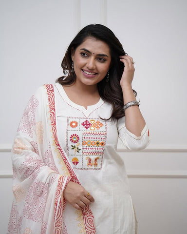 Kurta White Embroidered Aline Kurta Bottom Set With Dupatta