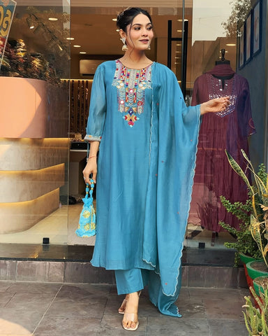 Kurta Teal Blue Embroidered Kurta Set