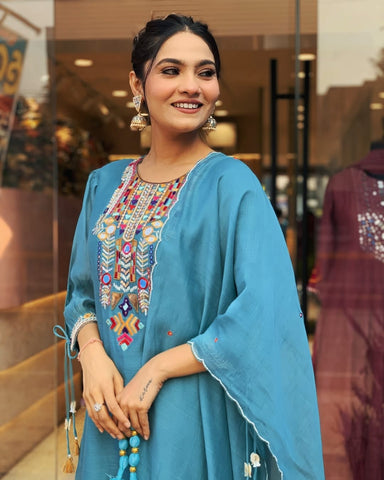 Kurta Teal Blue Embroidered Kurta Set