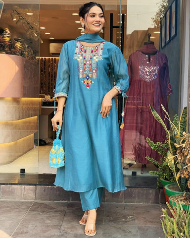 Kurta Teal Blue Embroidered Kurta Set