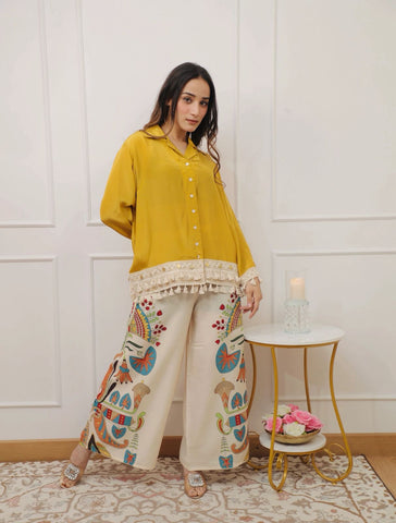 Mustard Yellow Shirt and Folk Art Palazzo Ensemble