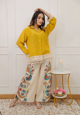 Mustard Yellow Shirt and Folk Art Palazzo Ensemble