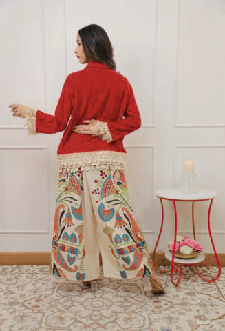 Fusion Red Shirt and Hand-Painted Palazzo Set