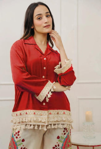 Fusion Red Shirt and Hand-Painted Palazzo Set