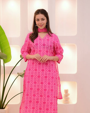 Hot Pink Printed Cotton Suit Set